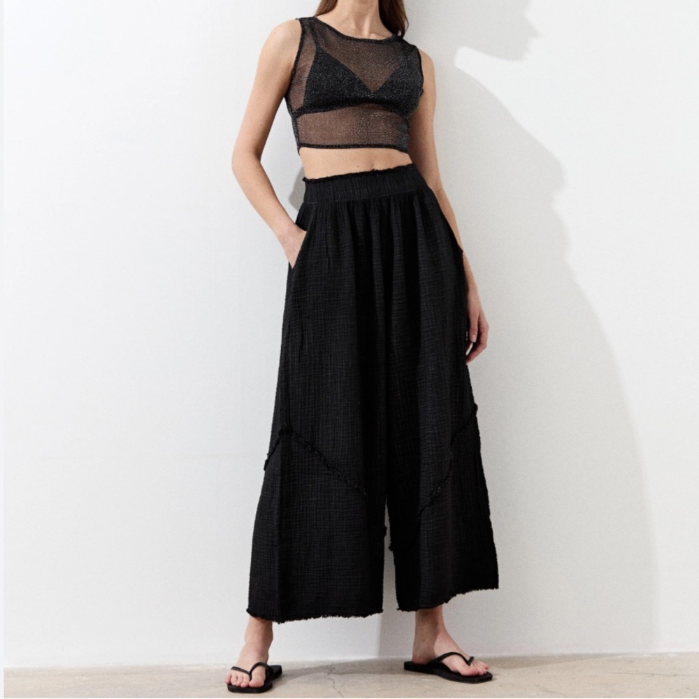 Ikikiz OS CRINKLE PALAZZO PANTS Wide Leg Distressed Black Dyed Cotton Gauze